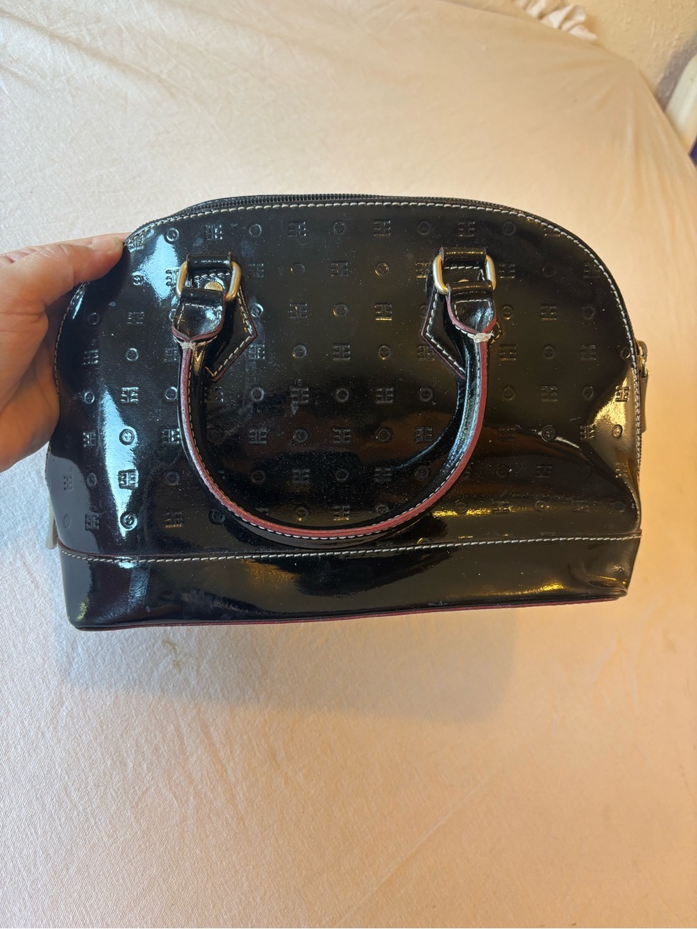 Arcadia Black Patent Dome Satchel with Subtle Embossing